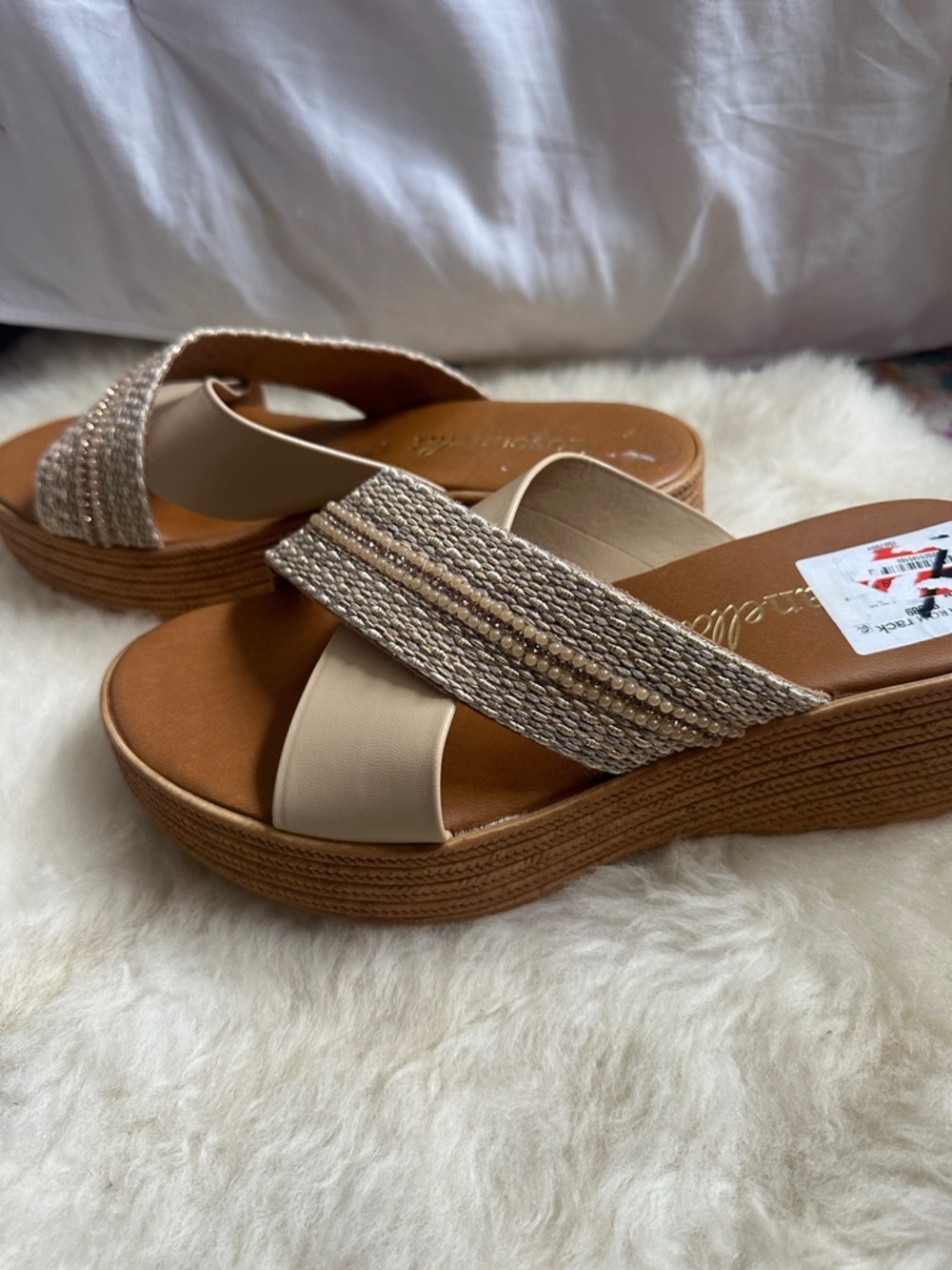 Toscanella Neutral Braided Crisscross Beige Cream Boho Slip On Sandals - Picture 4 of 9